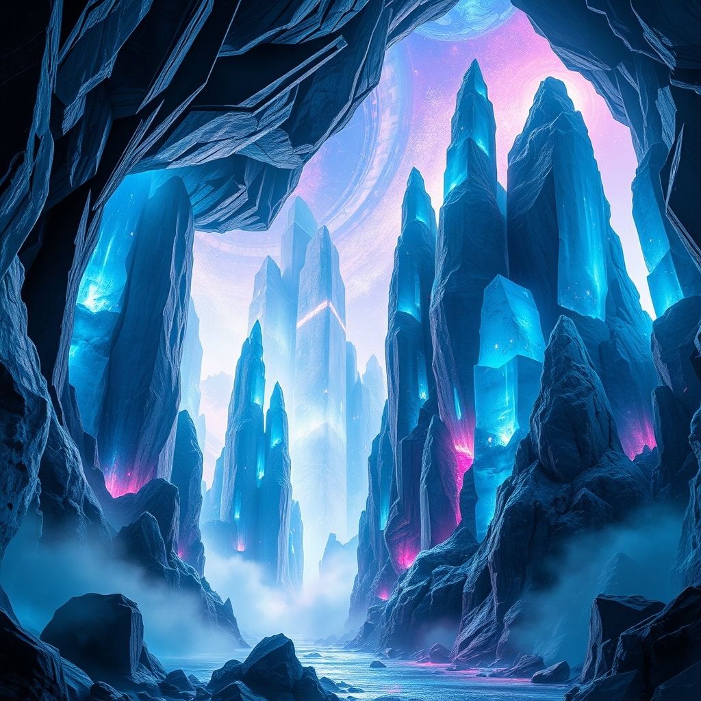 A surrealist crystal cave with towering, bioluminescent formations casting eerie blue and violet hues, impossible geometric angles defying gravity, dreamlike mist swirling between jagged spires, et...