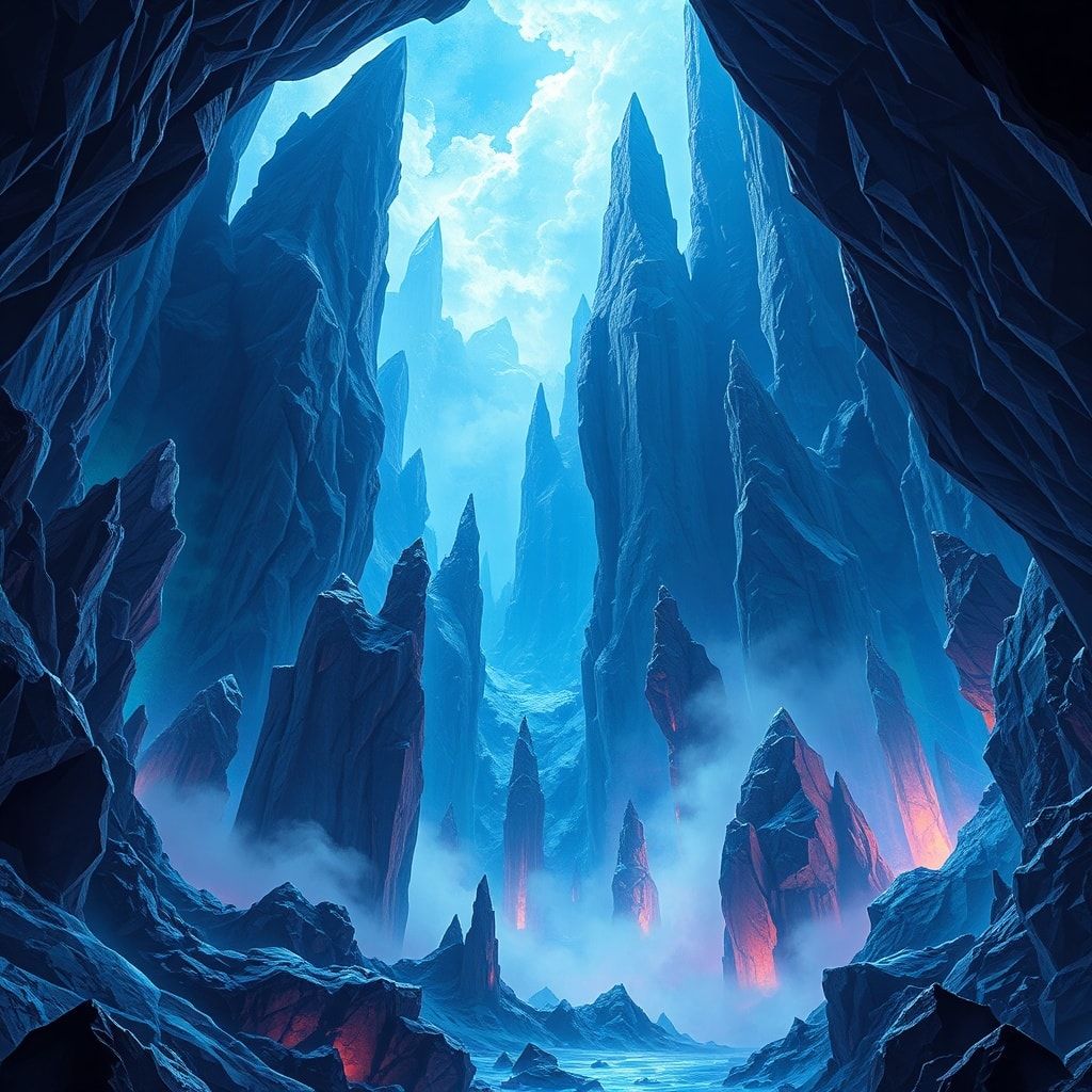 A surrealist crystal cave with towering, bioluminescent formations casting eerie blue and violet hues, impossible geometric angles defying gravity, dreamlike mist swirling between jagged spires, et...