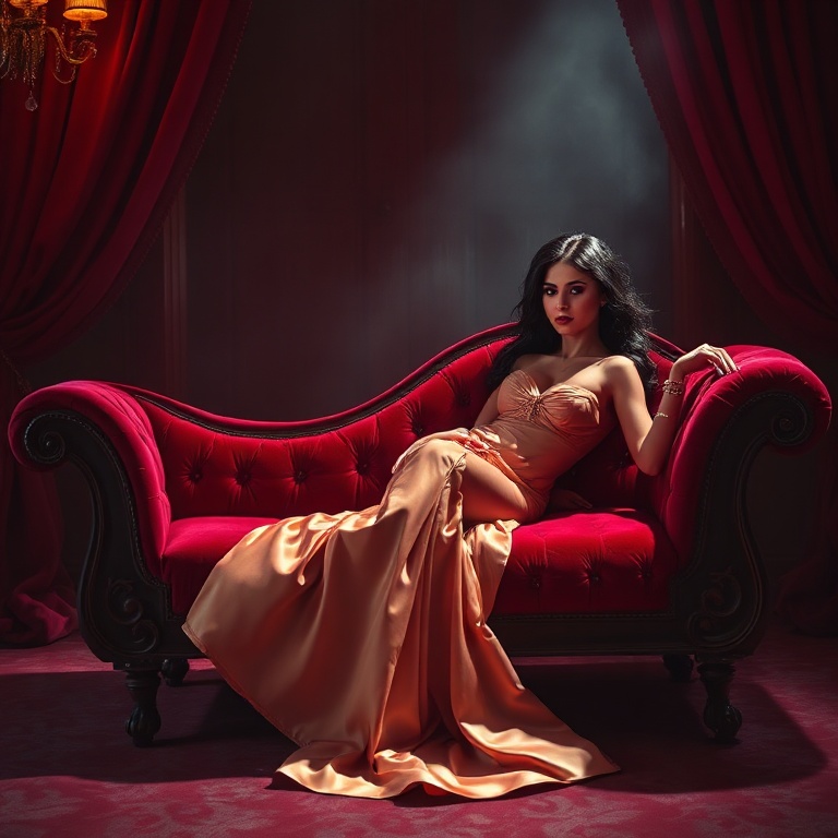A seductive femme fatale reclines on a plush crimson chaise in a lavish, shadow-draped chamber, her half-slipped satin gown revealing tantalizing glimpses of skin as she arches an eyebrow with play...