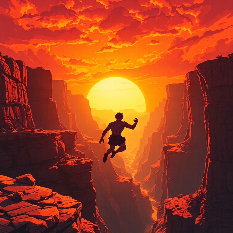 Dramatic anime illustration of a lone, muscular caveman silhouetted against a fiery canyon sunset, leaping across a vast gorge. Golden hour lighting, volumetric rays, hyperdetailed textures, vibran...