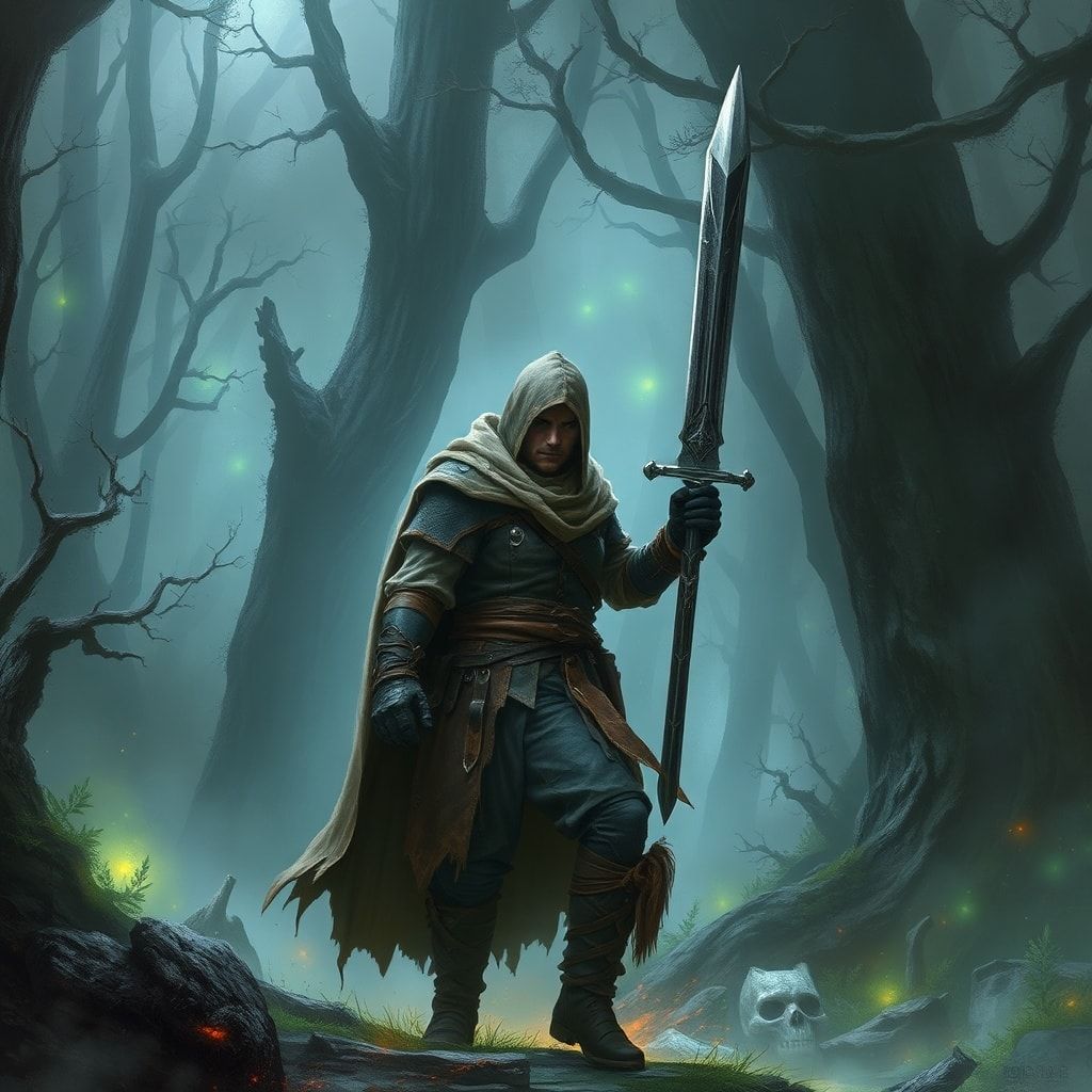 A lone fantasy warrior, clad in weathered leather armor and a tattered cloak, stands amidst a dense, mist-shrouded forest, his sword drawn, ready for battle. The forest is alive with eerie, glowing...