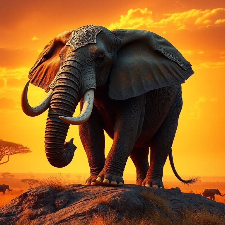 A colossal, battle-scarred war elephant stands atop a sun-baked savanna ridge at golden hour, its ornate medieval armor gleaming in the fiery sunset, tusks carved with ancient runes, silhouetted ag...