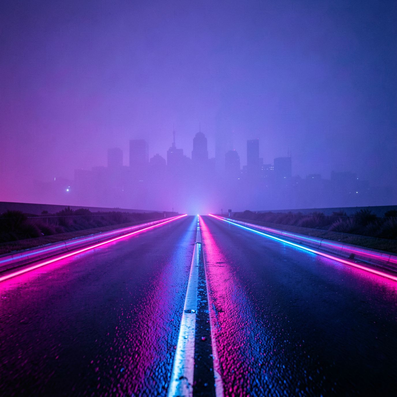 A cinematic synthwave scene at night: a long, empty futuristic road dominates the foreground, glowing with neon pink and electric blue light. Wet asphalt reflects the neon glow, creating strong symmetrical reflections and a sense of motion and depth. In the far distance, a futuristic city skyline is barely visible through thick violet-blue fog, reduced to soft silhouettes with no visible details. The focus is entirely on the road and atmosphere, not the buildings. The mood is lonely, epic, and retro-futuristic, inspired by synthwave aesthetics. 80s cyberpunk mood, neon haze, minimal city presence, wide-angle perspective, cinematic lighting, retro-futurism, ultra-detailed, high contrast, album cover, 4K, no text, no signs, no billboards, no letters, no symbols, no logos.