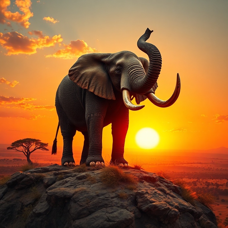 A colossal, battle-scarred war elephant stands atop a sun-baked savanna ridge at golden hour, its ornate medieval armor gleaming in the fiery sunset, tusks carved with ancient runes, silhouetted ag...