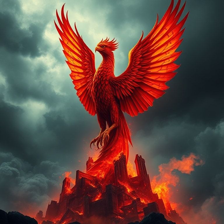 A towering phoenix erupts from smoldering ruins, wings ablaze in crimson and gold, silhouetted against a storm-choked sky. Noir-inspired high-contrast lighting carves deep shadows, emphasizing jagg...