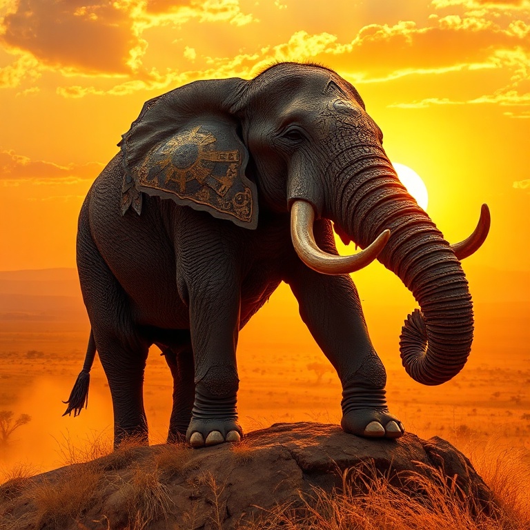 A colossal, battle-scarred war elephant stands atop a sun-baked savanna ridge at golden hour, its ornate medieval armor gleaming in the fiery sunset, tusks carved with ancient runes, silhouetted ag...
