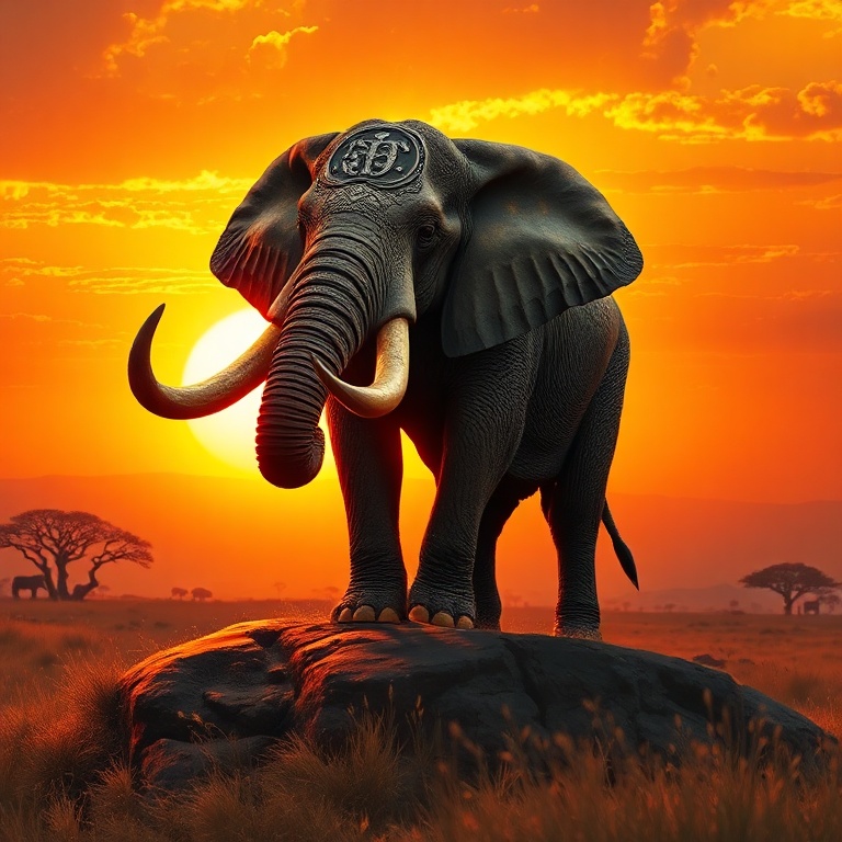 A colossal, battle-scarred war elephant stands atop a sun-baked savanna ridge at golden hour, its ornate medieval armor gleaming in the fiery sunset, tusks carved with ancient runes, silhouetted ag...
