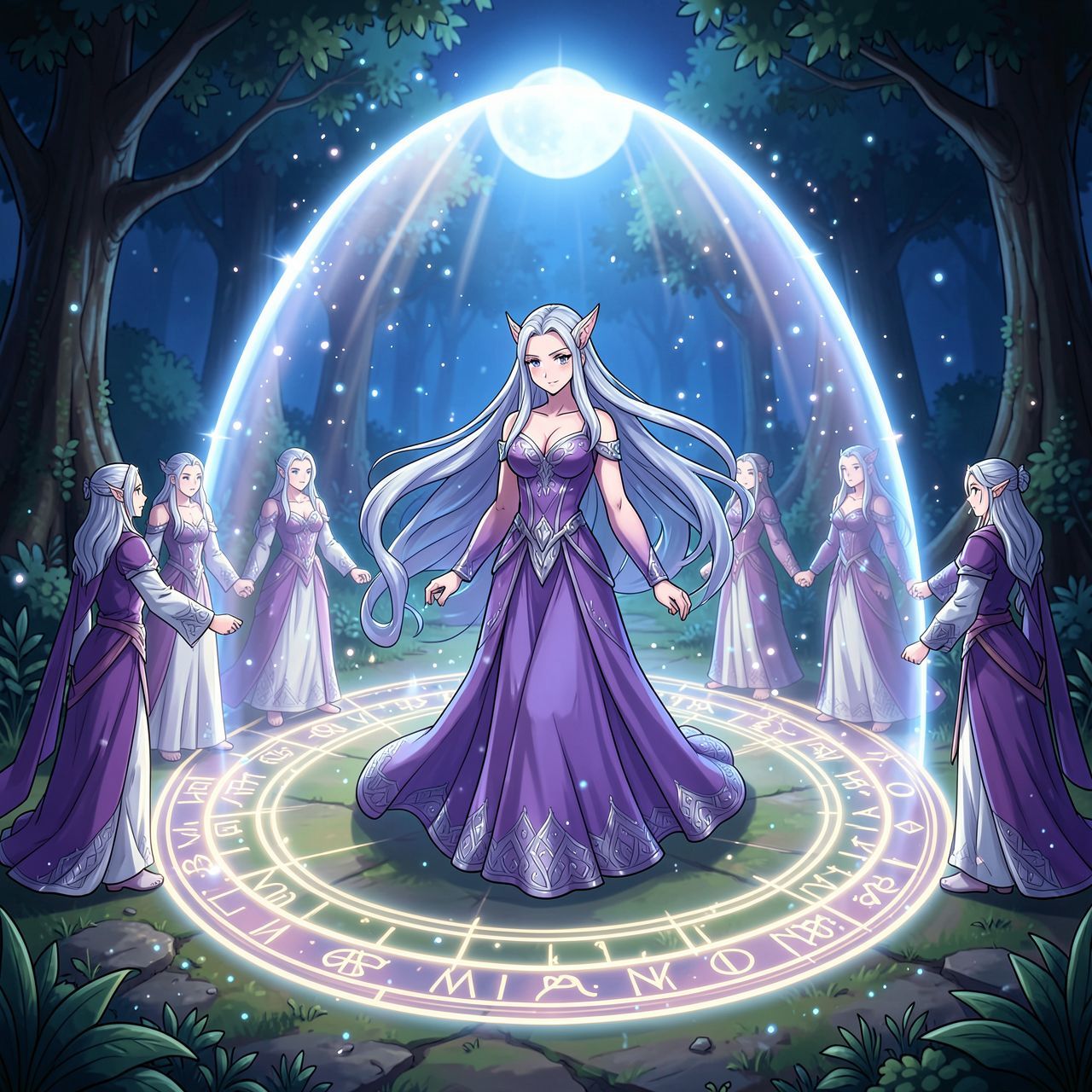 Elven magic circle ritual fantasy scene, beautiful elven maiden with long flowing silver hair standing inside a glowing magical circle, elegant elven woman in a flowing violet and silver dress with a serene expression, ancient runes and symbols forming a luminous circle on the ground, protective ward rising like a dome of light, other elven figures joining hands at the circle edge, sacred grove at night, soft moonlight and mystical particles, cinematic composition, cartoon style, anime art style, fantasy art style, mystical and protective mood, detailed and atmospheric, ethereal beauty, animated style, vibrant colors, cartoon style