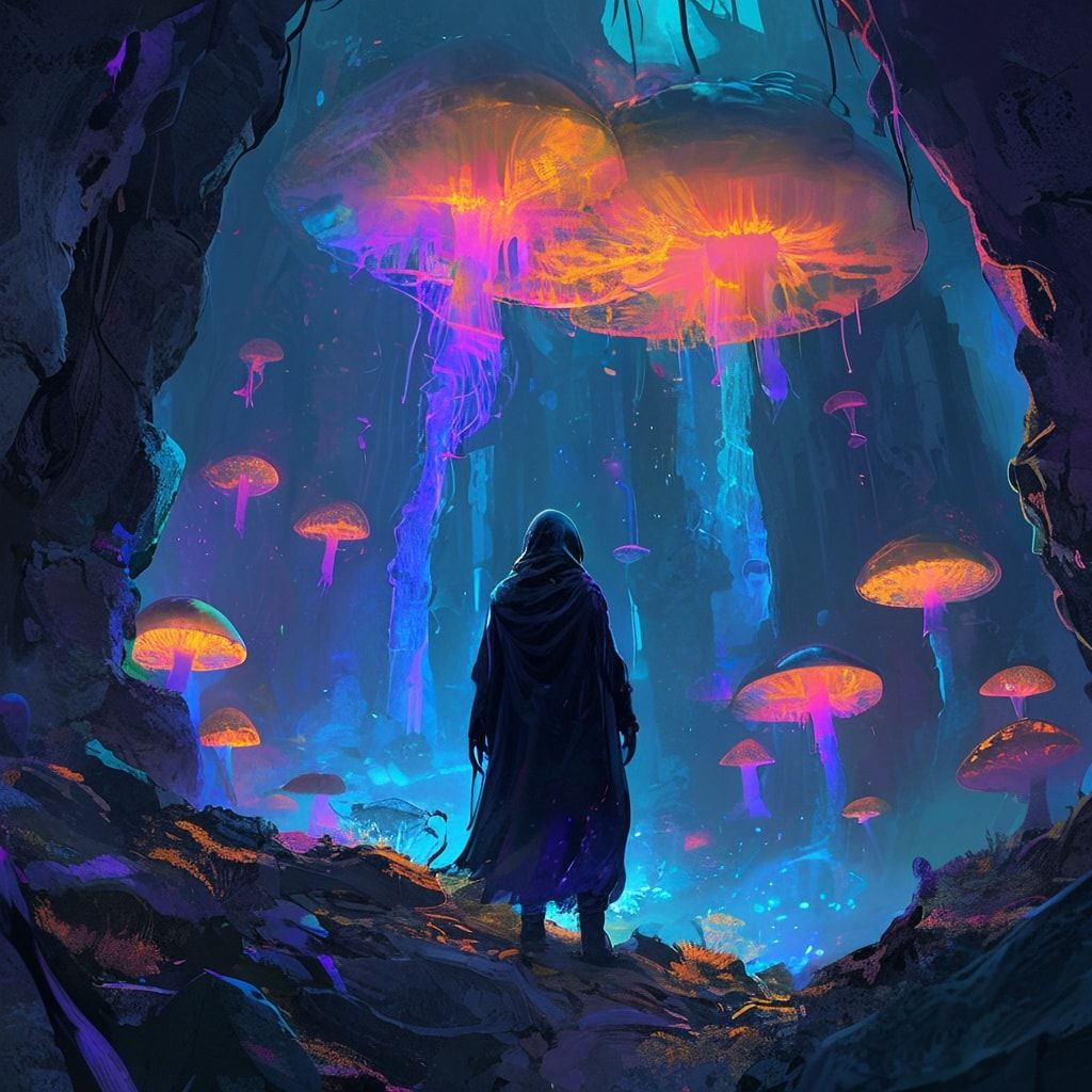 bioluminescent fungi pulse in the ruins below. A lone, hooded figure stands..