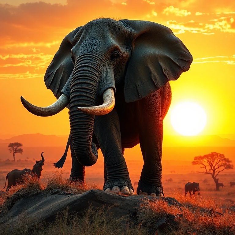 A colossal, battle-scarred war elephant stands atop a sun-baked savanna ridge at golden hour, its ornate medieval armor gleaming in the fiery sunset, tusks carved with ancient runes, silhouetted ag...