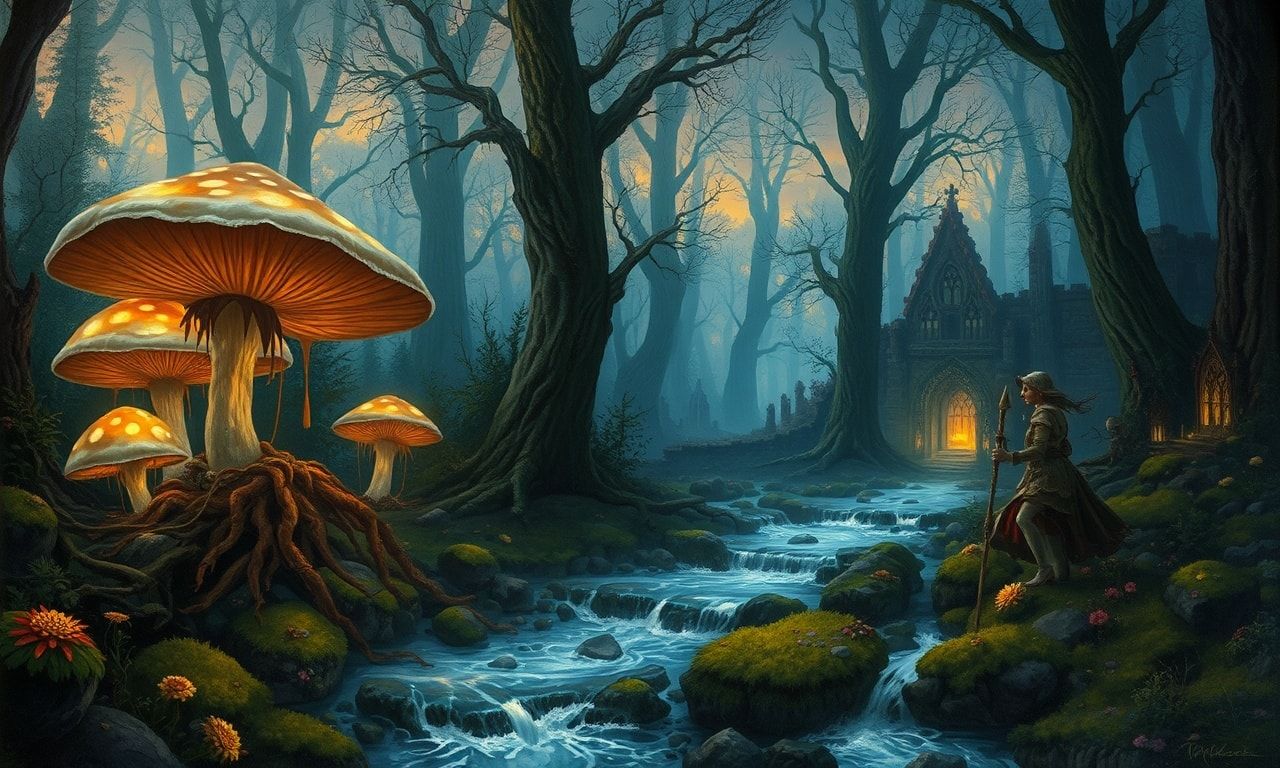 Ancient elven forest at twilight, giant glowing mushrooms, silver streams, moss-covered ruins, soft magical light, detailed fantasy art, painterly style
