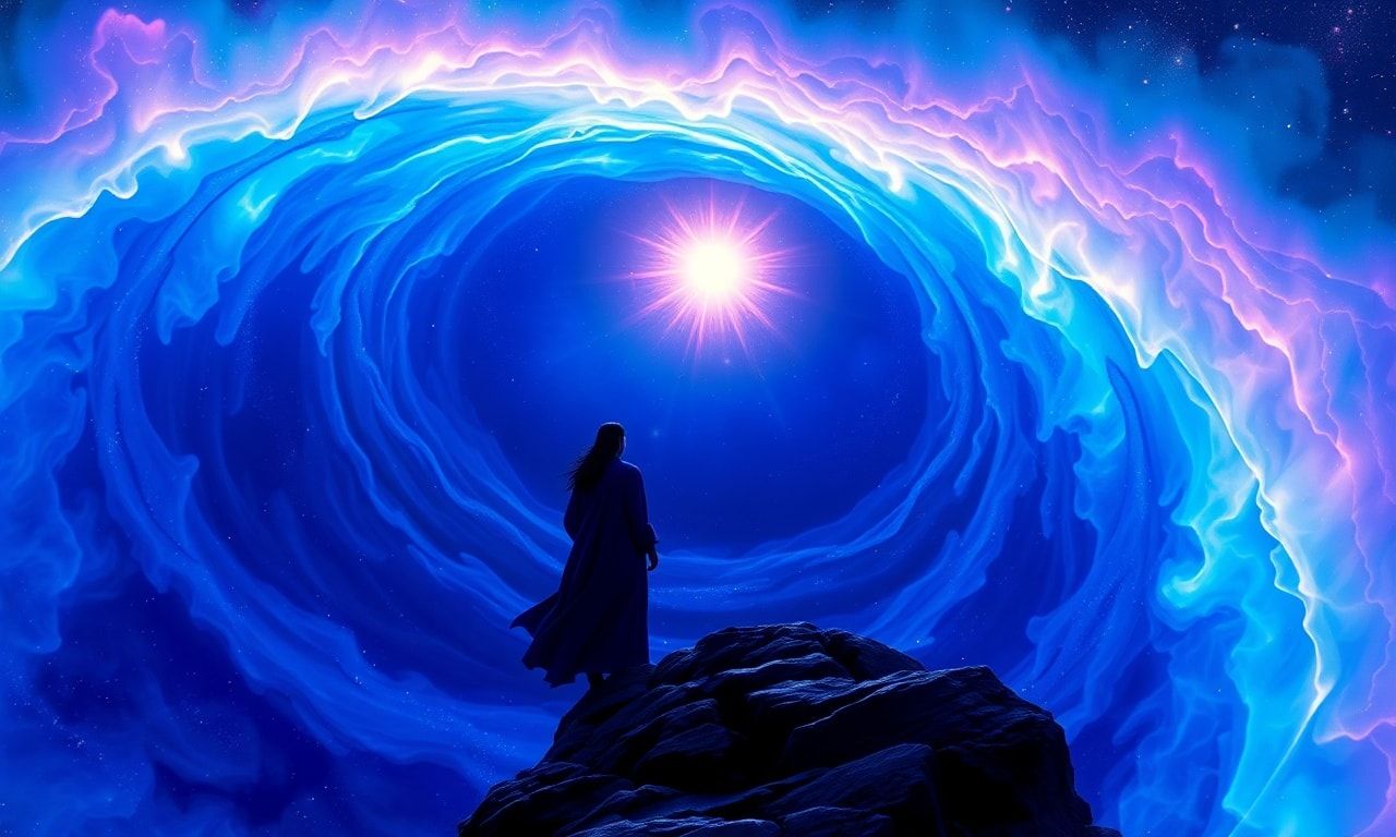 A lone figure in flowing indigo robes stands at the precipice of an infinite, spiraling void, their silhouette bathed in the soft, otherworldly radiance of a celestial aurora, while cosmic tendrils...