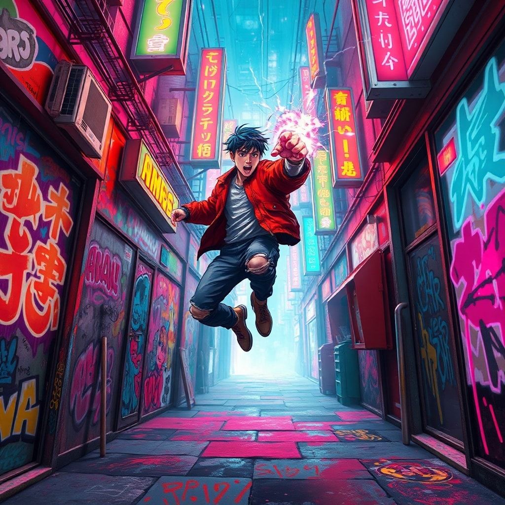 A neon-lit alleyway explodes with vibrant street art, glowing under flickering holographic signs. A lone shonen hero, clad in a tattered red jacket, leaps mid-air, fist ignited with electric energy...