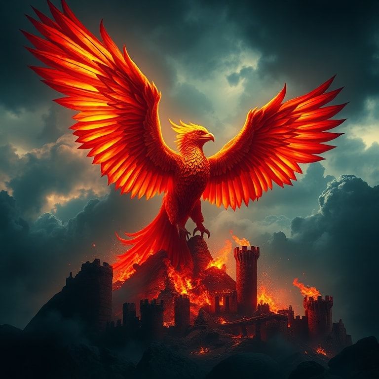 A towering phoenix erupts from smoldering ruins, wings ablaze in crimson and gold, silhouetted against a storm-choked sky. Noir-inspired high-contrast lighting carves deep shadows, emphasizing jagg...