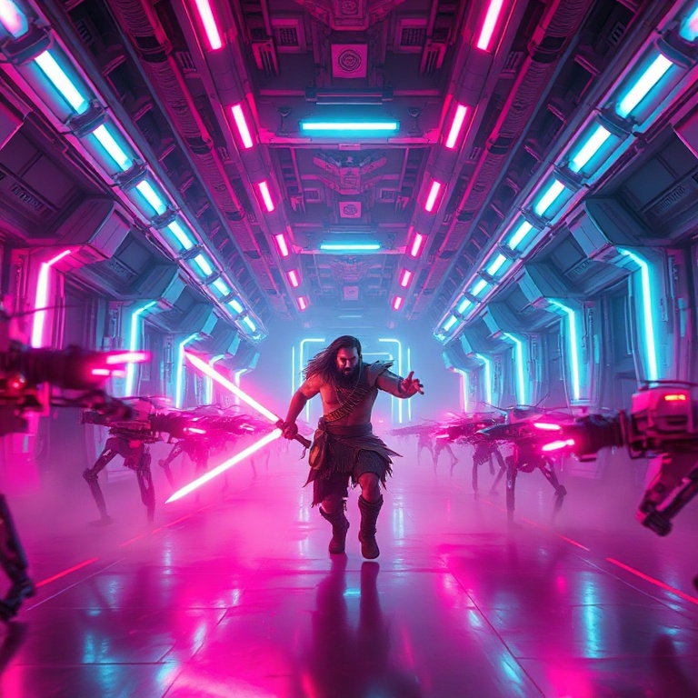 Synthwave cinematic shot: A lone caveman warrior wielding a glowing laser sword engages a swarm of robotic drones in a vast, neon-lit space corridor. Volumetric lighting, intense pink and cyan neon...