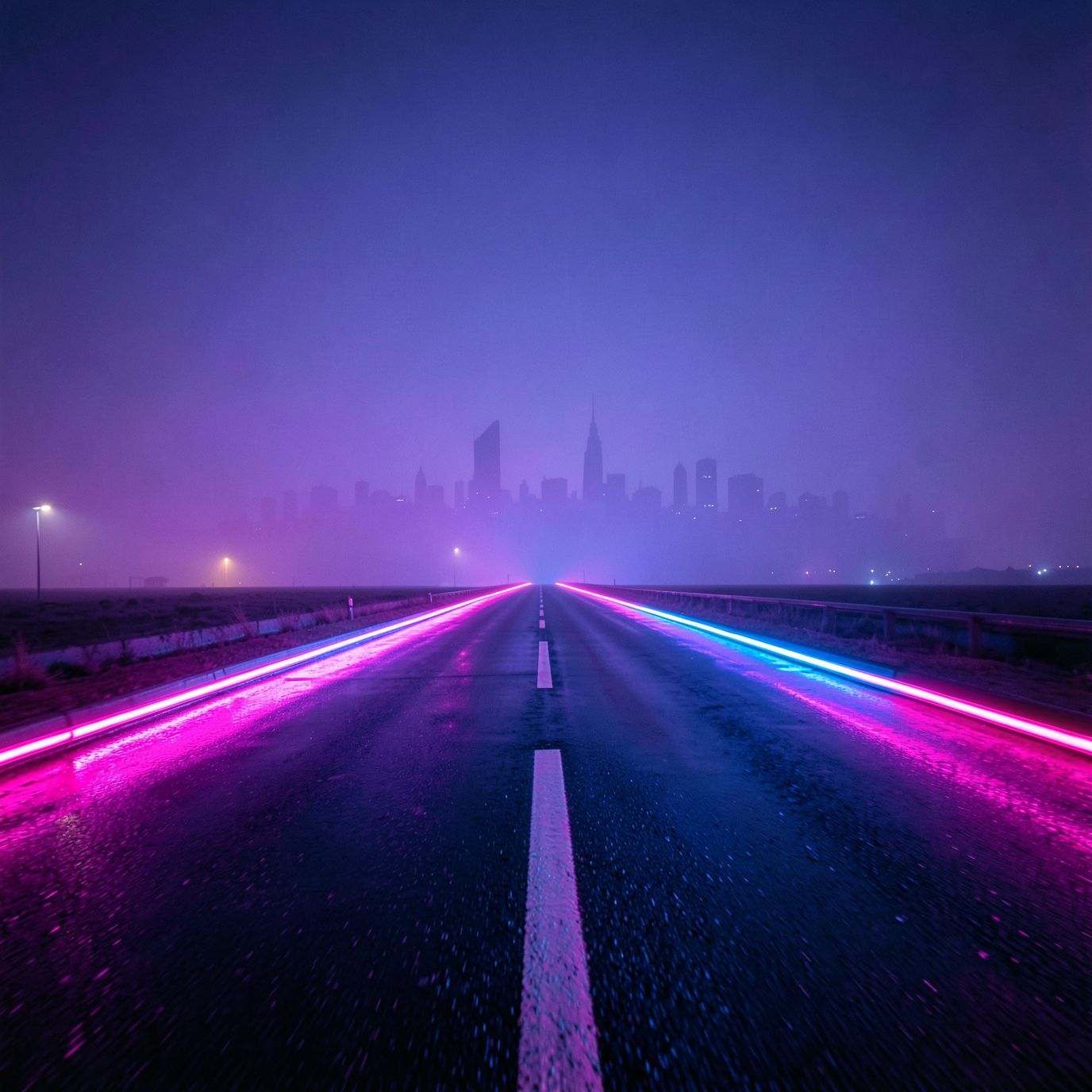A cinematic synthwave scene at night: a long, empty futuristic road dominates the foreground, glowing with neon pink and electric blue light. Wet asphalt reflects the neon glow, creating strong symmetrical reflections and a sense of motion and depth. In the far distance, a futuristic city skyline is barely visible through thick violet-blue fog, reduced to soft silhouettes with no visible details. The focus is entirely on the road and atmosphere, not the buildings. The mood is lonely, epic, and retro-futuristic, inspired by synthwave aesthetics. 80s cyberpunk mood, neon haze, minimal city presence, wide-angle perspective, cinematic lighting, retro-futurism, ultra-detailed, high contrast, album cover, 4K, no text, no signs, no billboards, no letters, no symbols, no logos.
