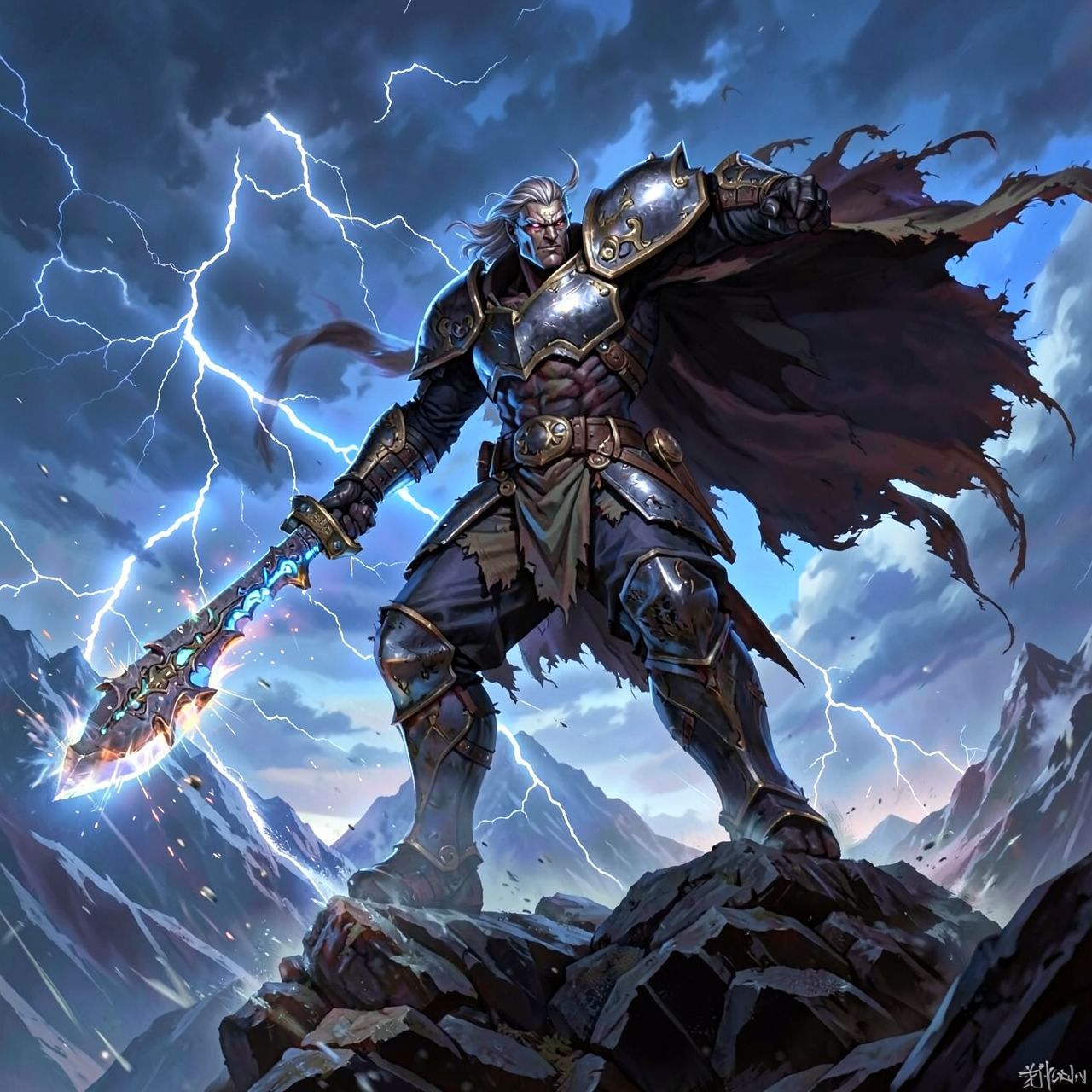 A colossal armored figure stands atop a storm-lashed mountain peak, wielding a massive, weathered blade that hums with arcane energy. The warrior’s tattered cloak billows in the gale as lightning s...