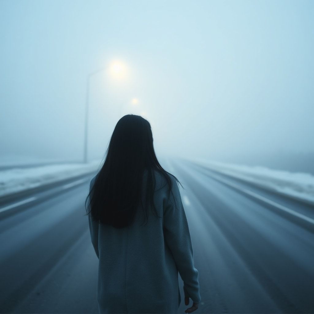A girl with long black hair stands facing away, looking into the distance on a foggy road. The winter atmosphere feels cold and damp, like after a light rain. Thick February fog drifts across the empty road, reflecting soft, muted streetlight glow. The ground is slightly wet, adding subtle reflections. Pale blue and gray tones dominate the scene. The mood is quiet, melancholic, and cinematic, as if frozen in time. Cinematic composition, wide-angle shot, soft diffused lighting, shallow depth of field, realistic textures, gentle film grain, emotional winter atmosphere, like a scene from a slow, intimate film.