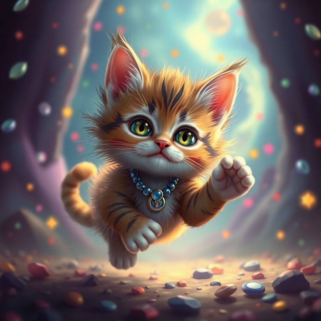 Tiny kitty, fantasy style, filmic score like