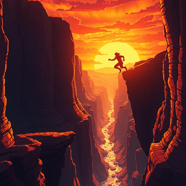 Dramatic anime illustration of a lone, muscular caveman silhouetted against a fiery canyon sunset, leaping across a vast gorge. Golden hour lighting, volumetric rays, hyperdetailed textures, vibran...