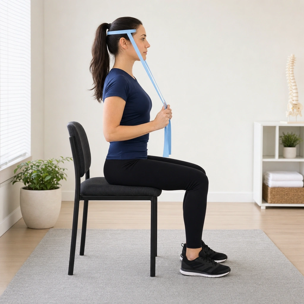 Chin Tuck with Resistance Band - Step 2 of 5: Perform chin tuck (double chin) against resistance