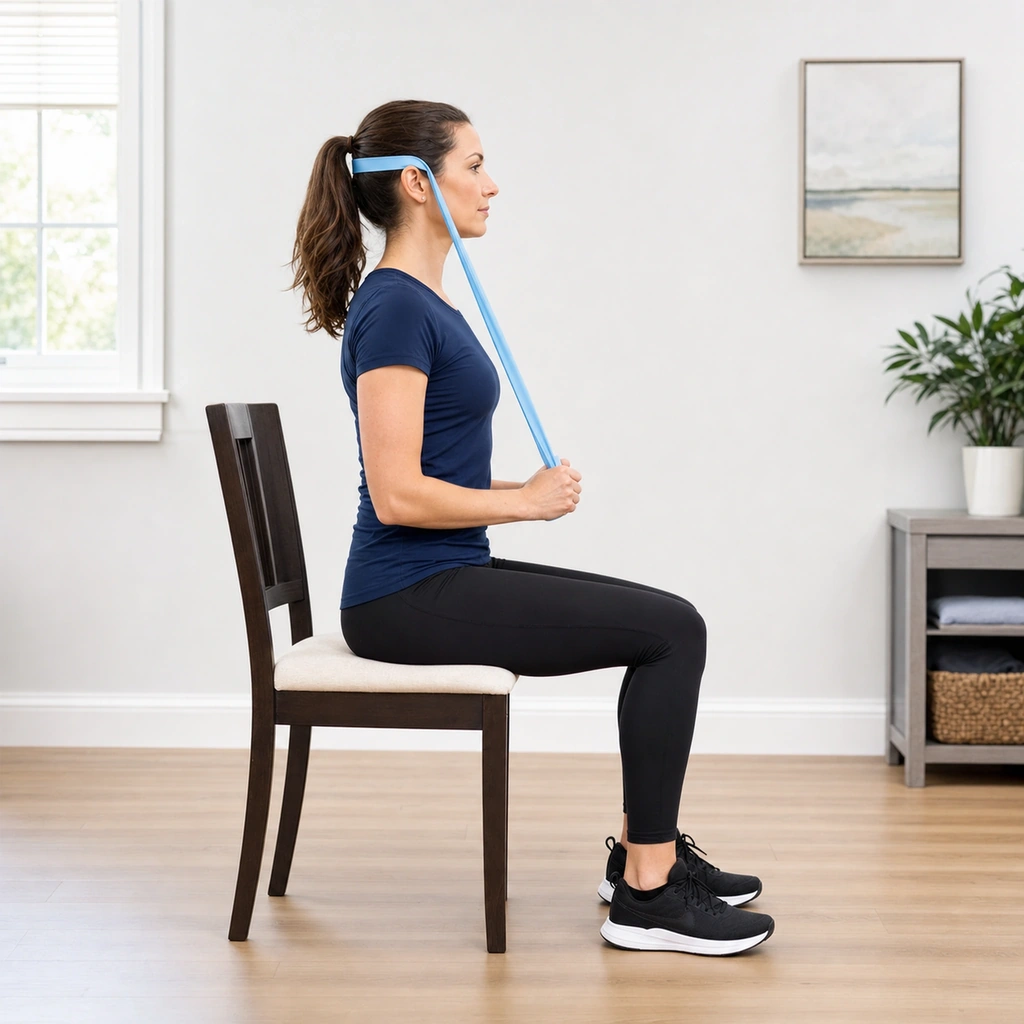 Chin Tuck with Resistance Band - Step 5 of 5: Repeat for prescribed reps