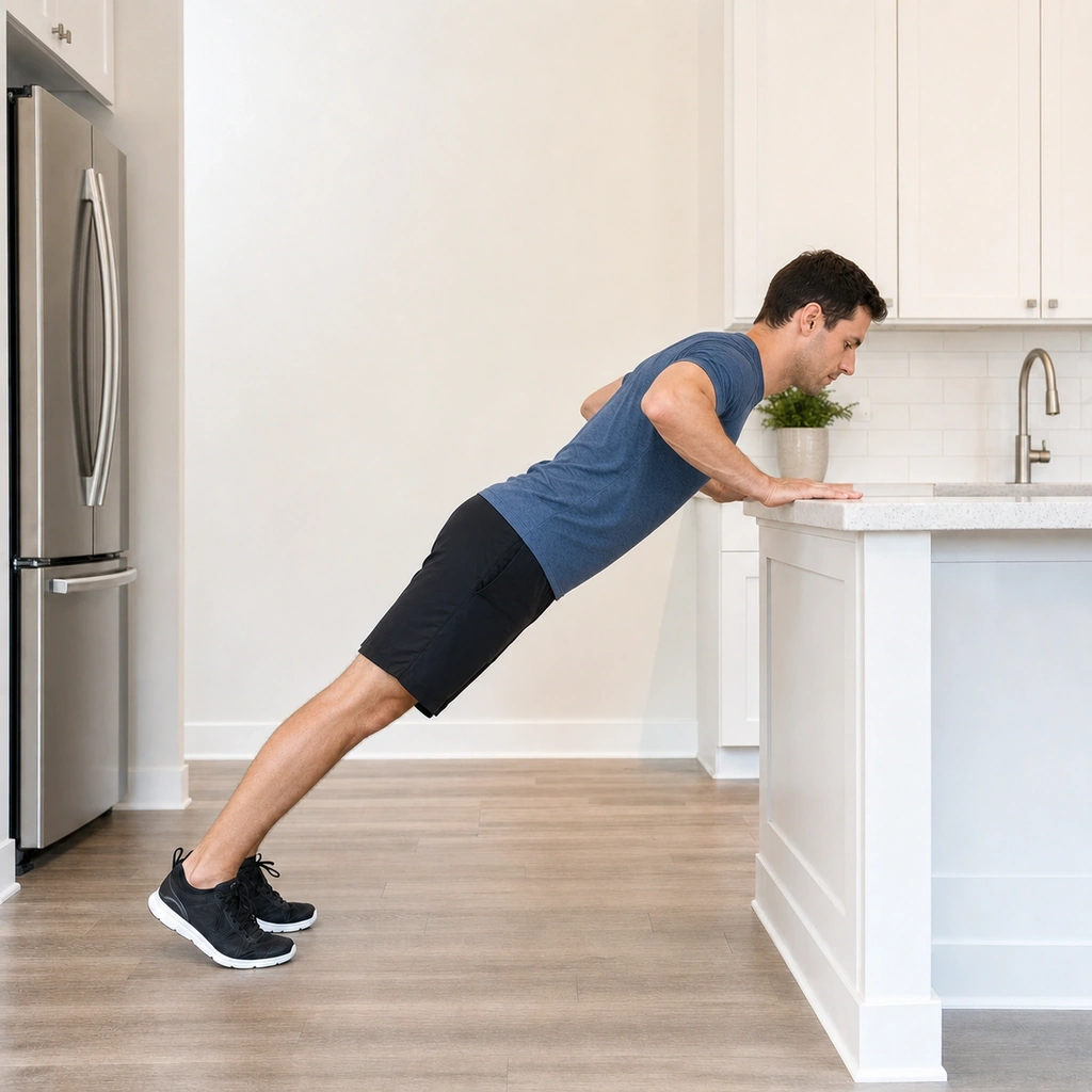 Counter Push-Up - Step 2 of 5: Bend elbows to lower chest toward surface