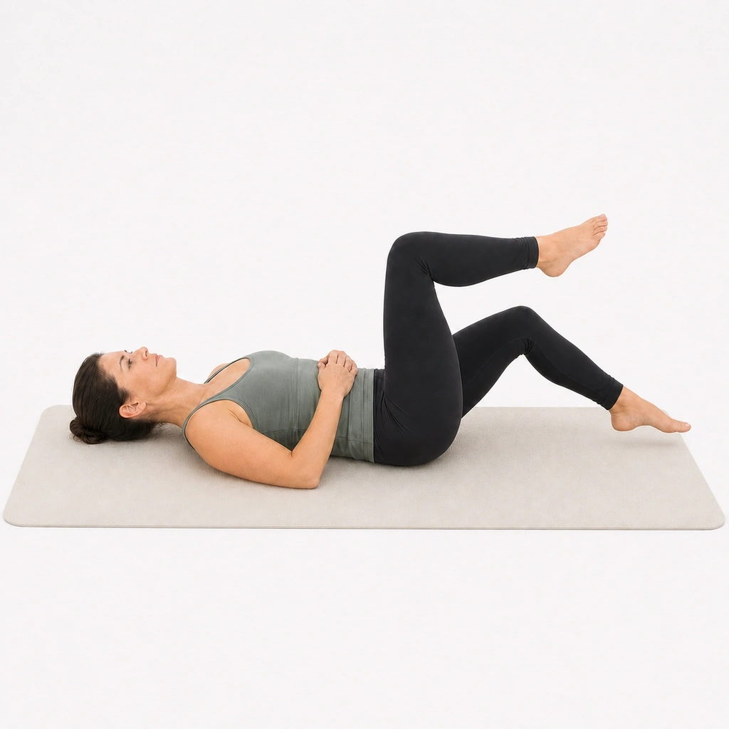 Dead Bug - Heel Taps - Step 2 of 6: Slowly lower your right heel toward the floor