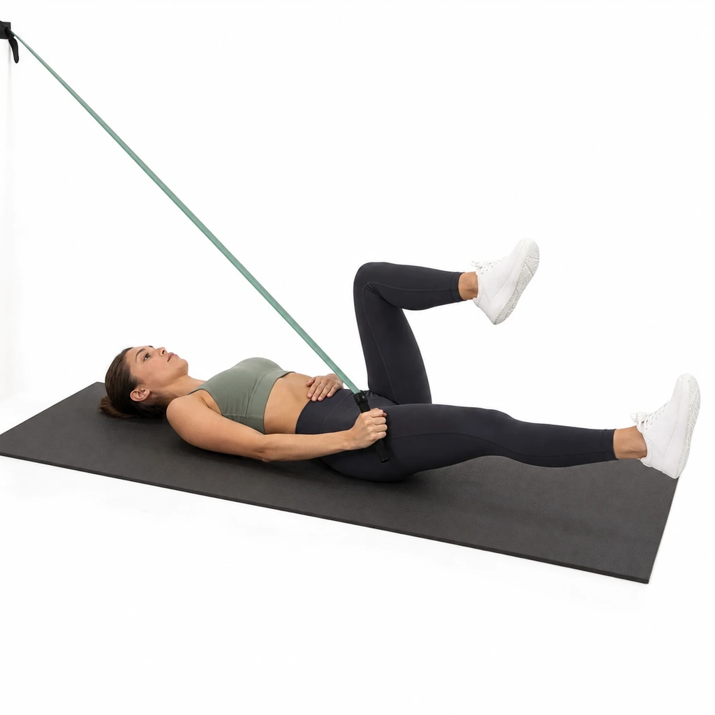 Dead Bug with Band Pull - Step 2 of 4: Pull band handle toward hip while lowering opposite leg
