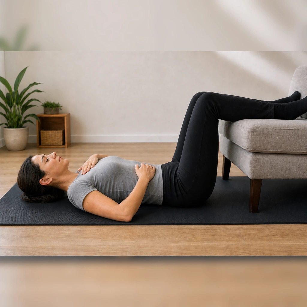 Diaphragmatic Breathing (90/90 Position) - Step 3 of 5: Your chest hand should stay relatively still