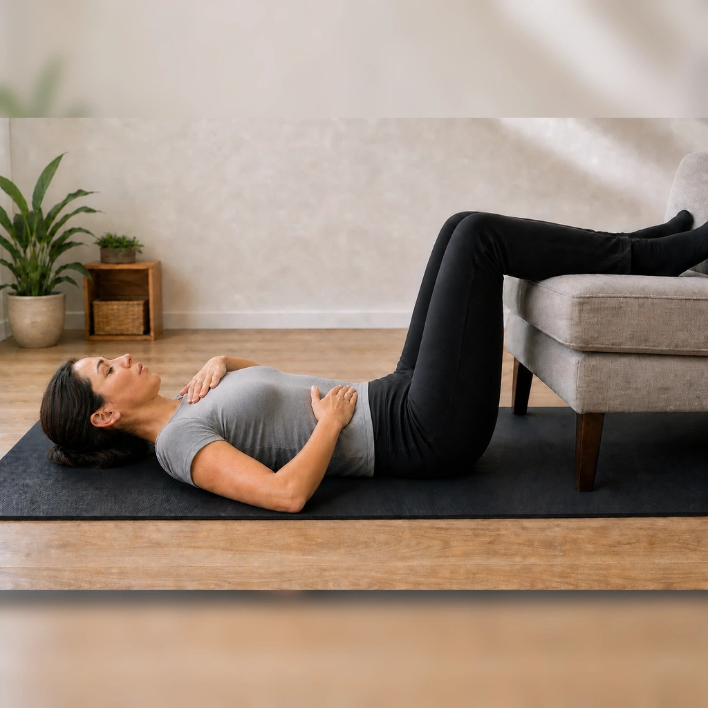 Diaphragmatic Breathing (90/90 Position) - Step 5 of 5: Feel your belly fall and low back gently press into floor