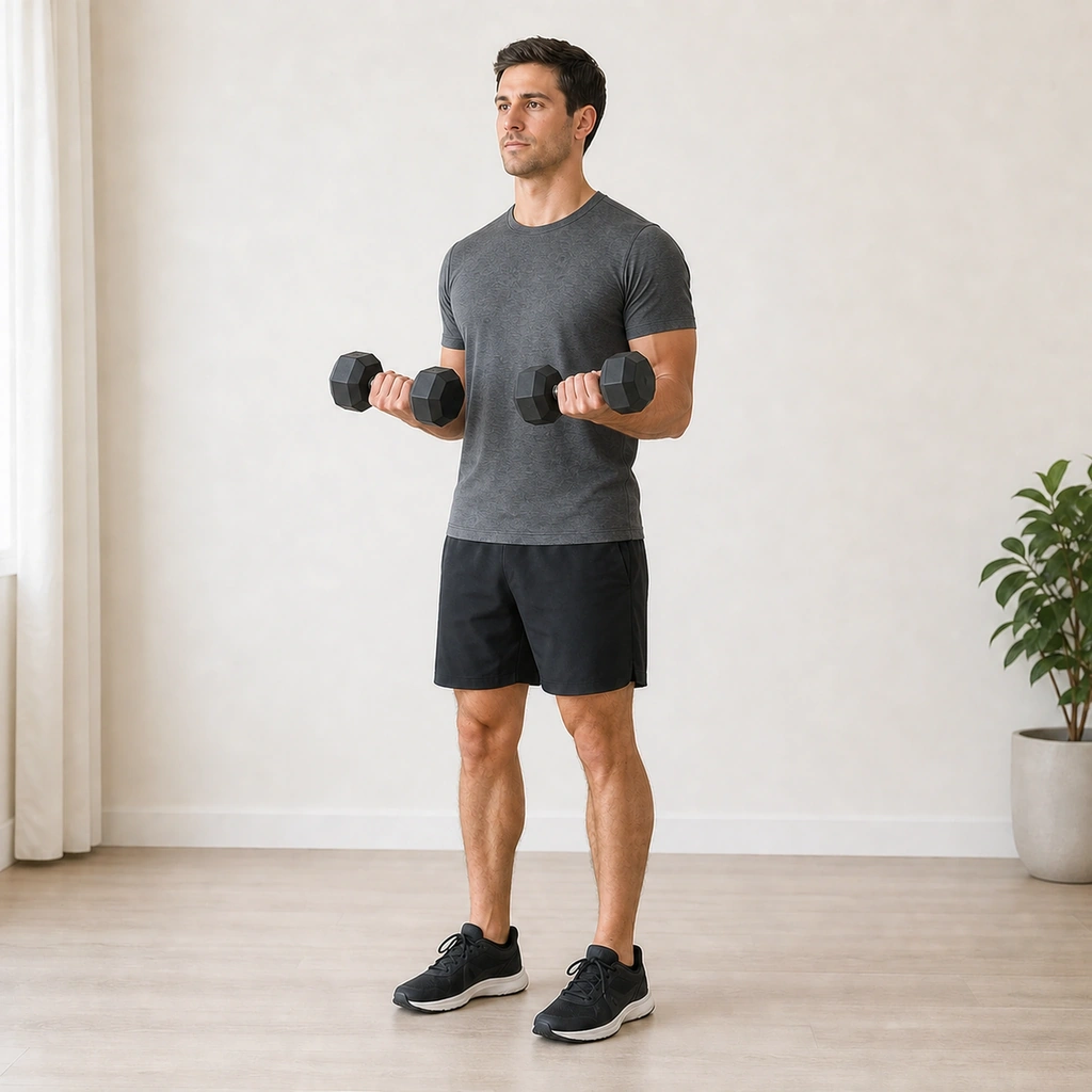 Dumbbell Biceps Curl - Step 2 of 5: Curl weights up toward shoulders