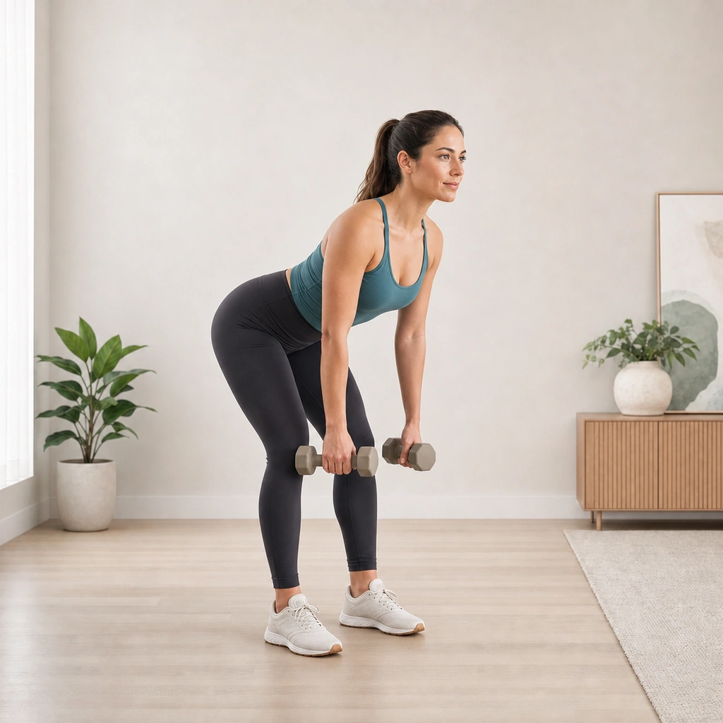 Dumbbell Romanian Deadlift (RDL) - Step 2 of 4: Lower weights along front of legs