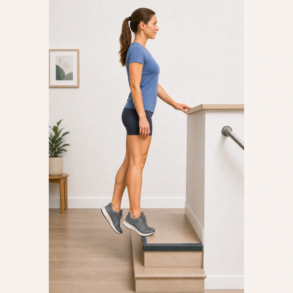 Eccentric Calf Lower (Step) - Step 3 of 6: Slowly lower the standing heel below step level