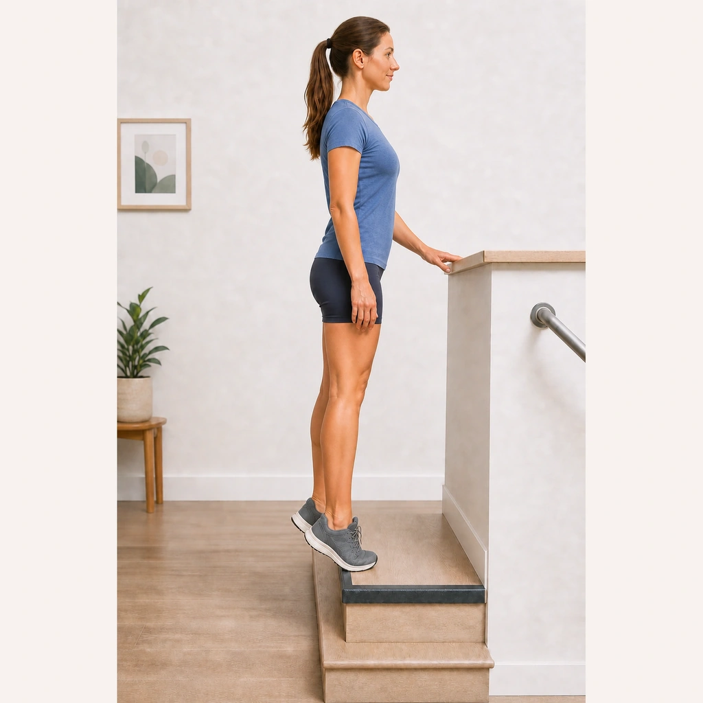 Eccentric Calf Lower (Step) - Step 5 of 6: Use both feet to rise up again