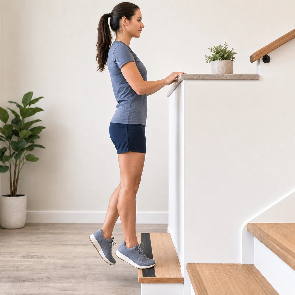 Eccentric Calf Lowers - Step 3 of 5: Slowly lower that heel below step level