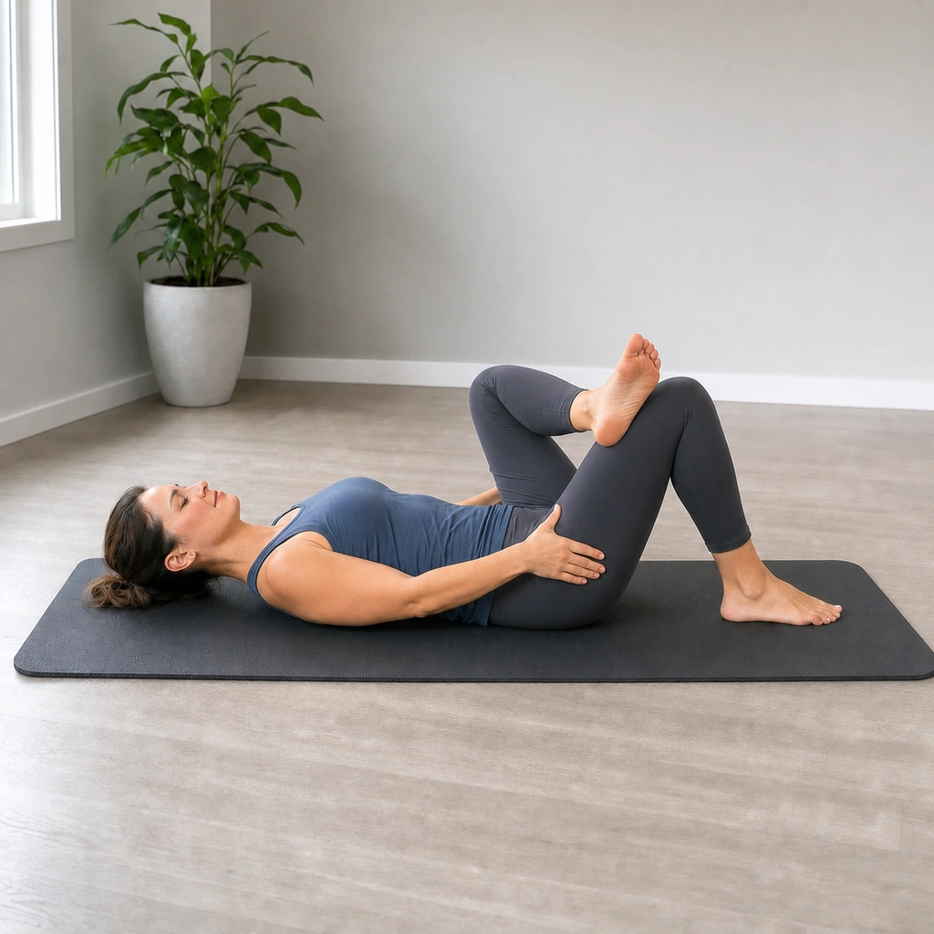 Figure-4 Rock (Supine) - Step 3 of 4: Feel stretch in outer hip of crossed leg