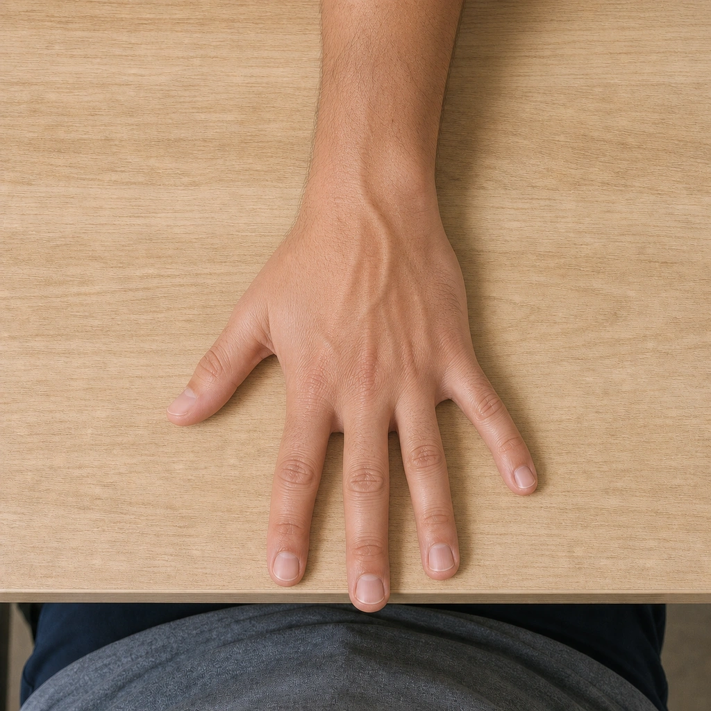 Finger Flexor Stretch (Table) - Step 2 of 5: Slowly lean back, straightening elbow
