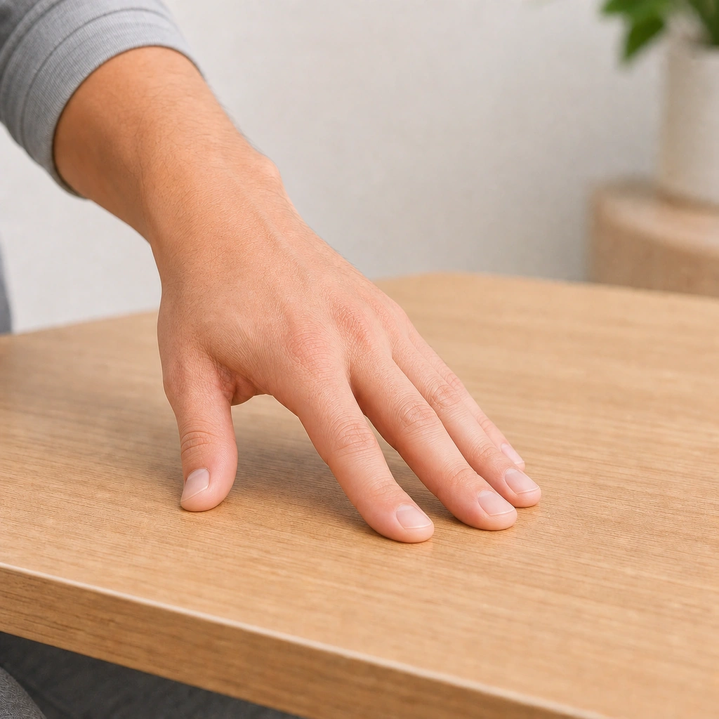 Finger Press into Table (Isometric) - Step 2 of 5: Keep fingers straight - don't bend