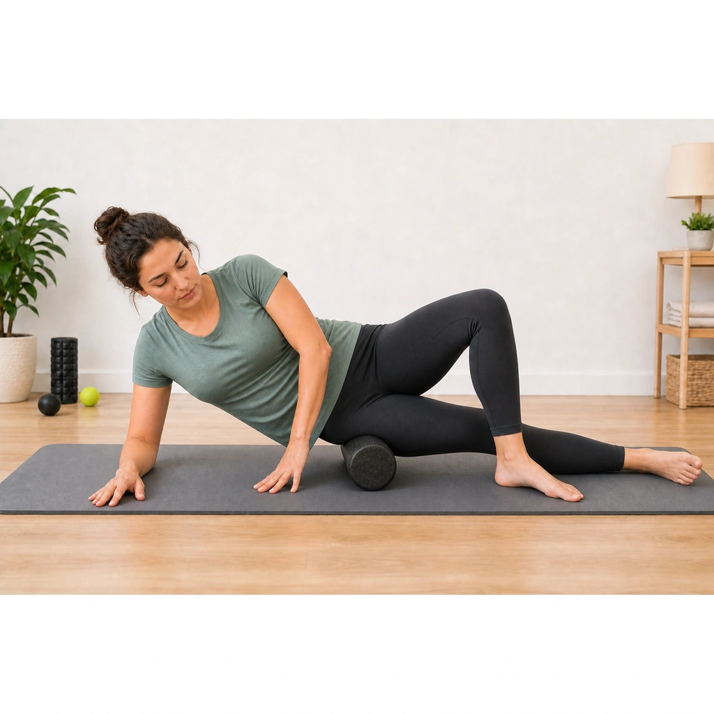 Foam Roller Hip/TFL Release - Step 3 of 4: Pause on tender spots for 20-30 seconds