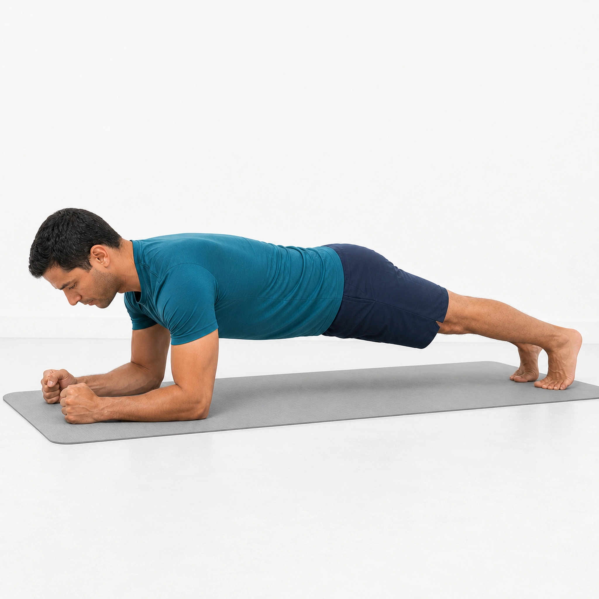 Front Plank (Forearm Plank) - Step 2 of 6: Form a straight line from head to heels