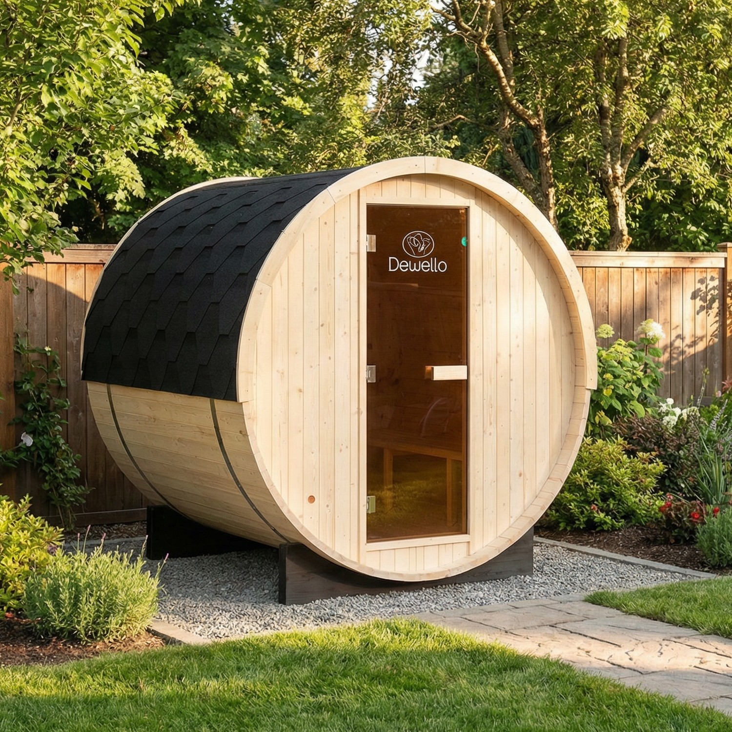 Dewello Outdoor Fasssauna Gartensauna BAY 180x200