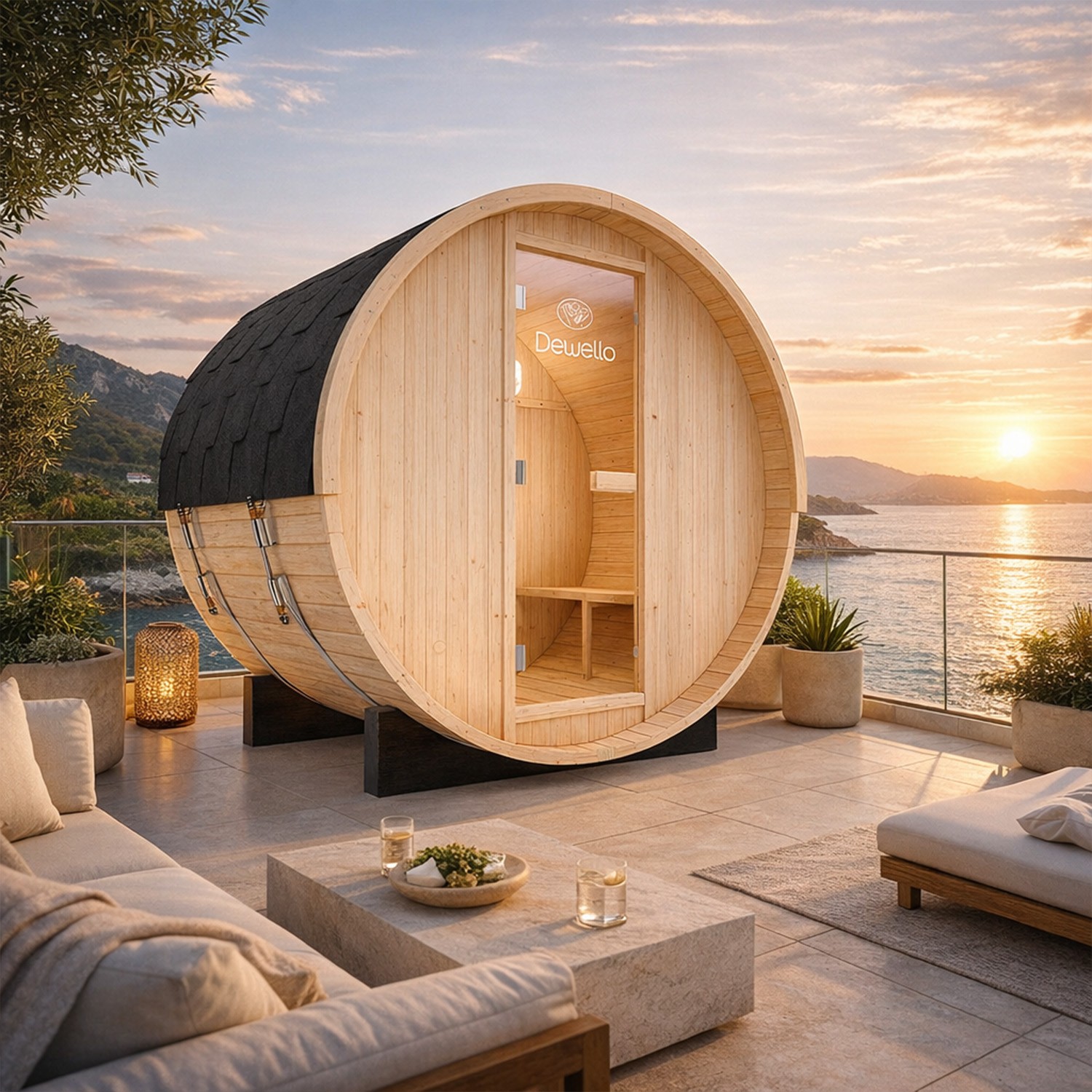 Dewello Outdoor Fasssauna Gartensauna BAY 135x200