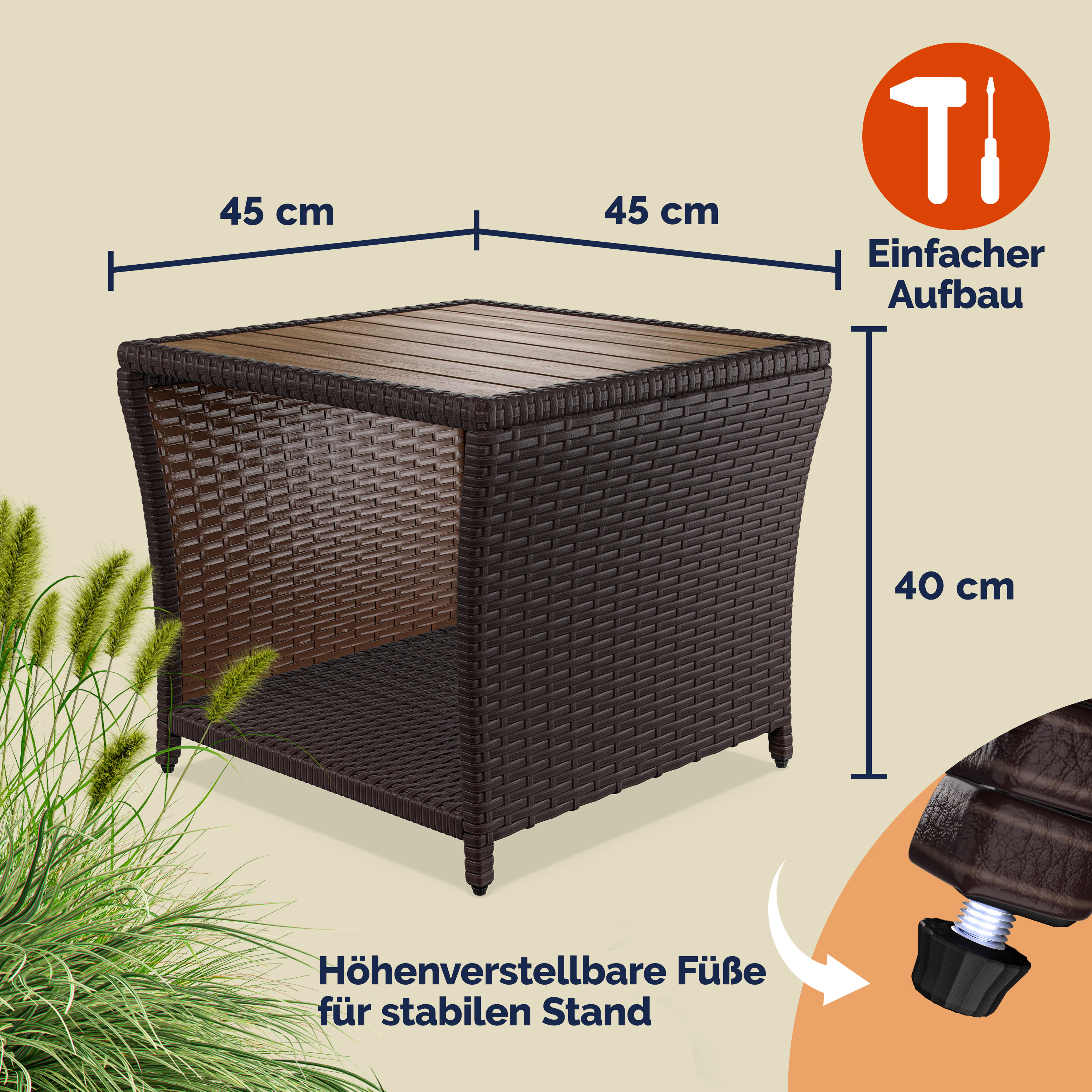 Polyrattan Beistelltisch Braun 40x45x45cm Akazienholz