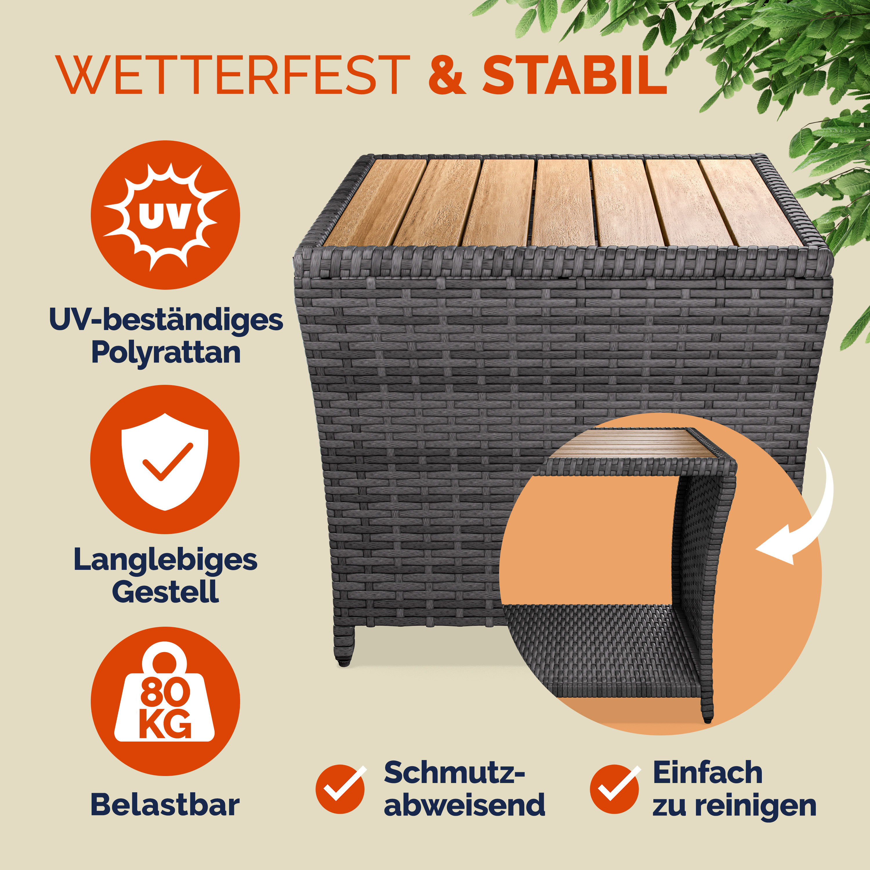 Polyrattan Beistelltisch Grau 40x45x45cm Akazienholz