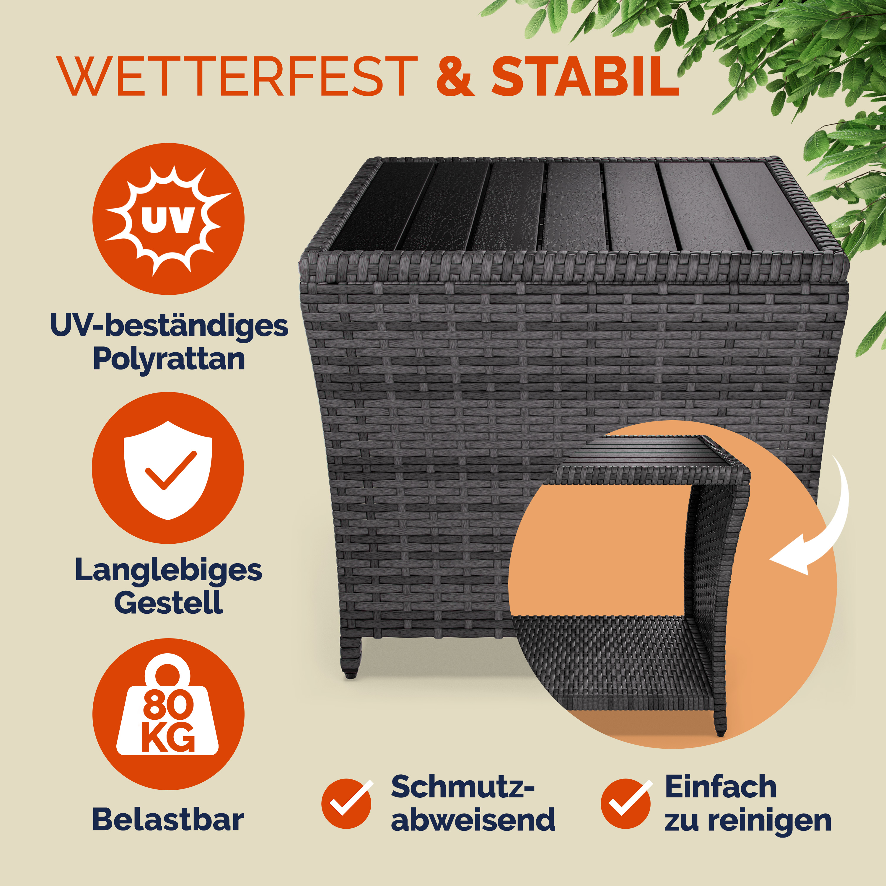 Polyrattan Beistelltisch Vedis Grau 45x45x40cm