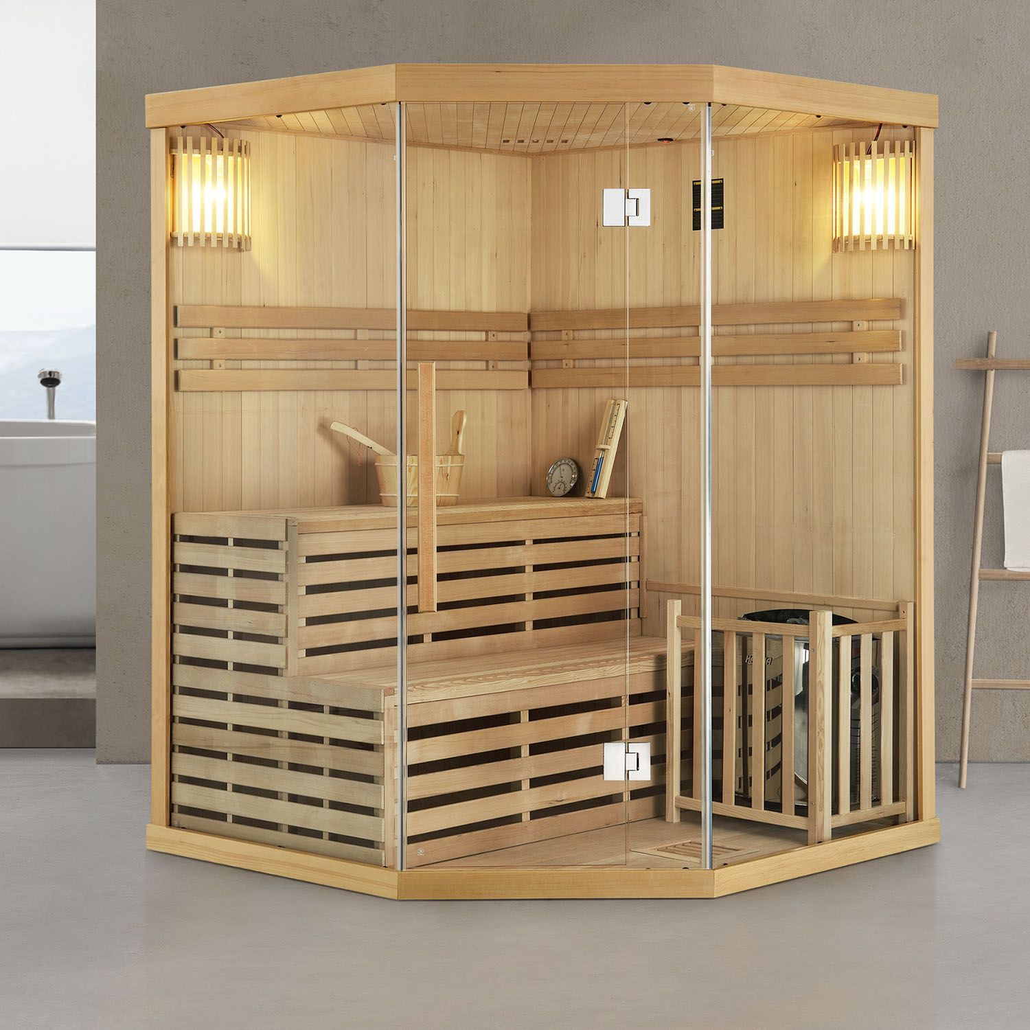 Finnische Sauna Espoo 150 aus Hemlockholz / 150 x 150 x 200