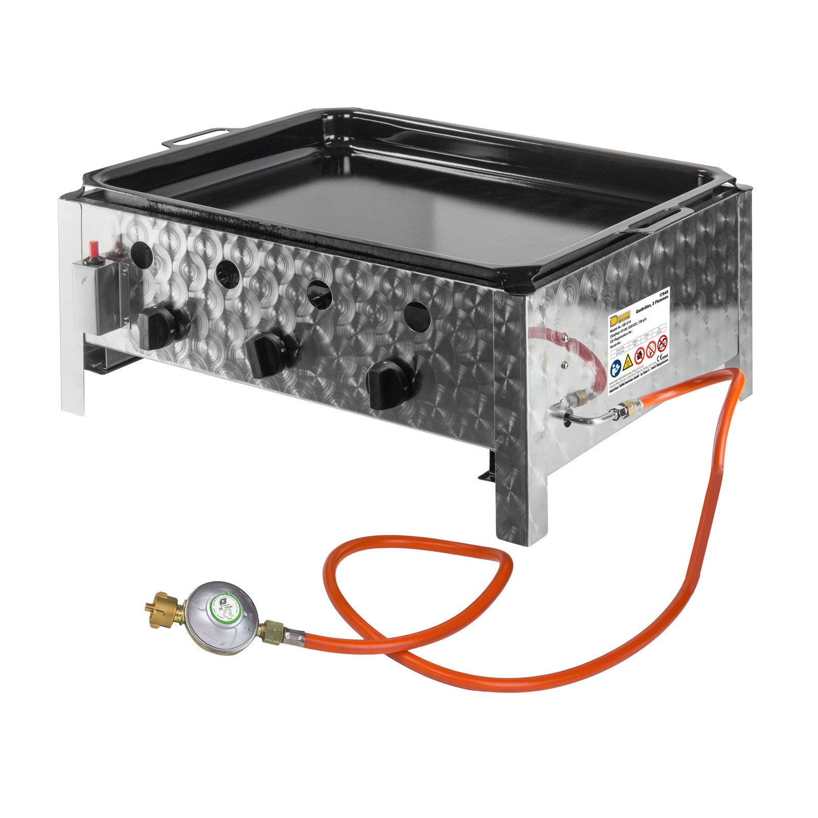 Edelstahl Gasbräter Gasgrill Gastrobräter Tischgrill 3 Flammen mit Stahlpfanne