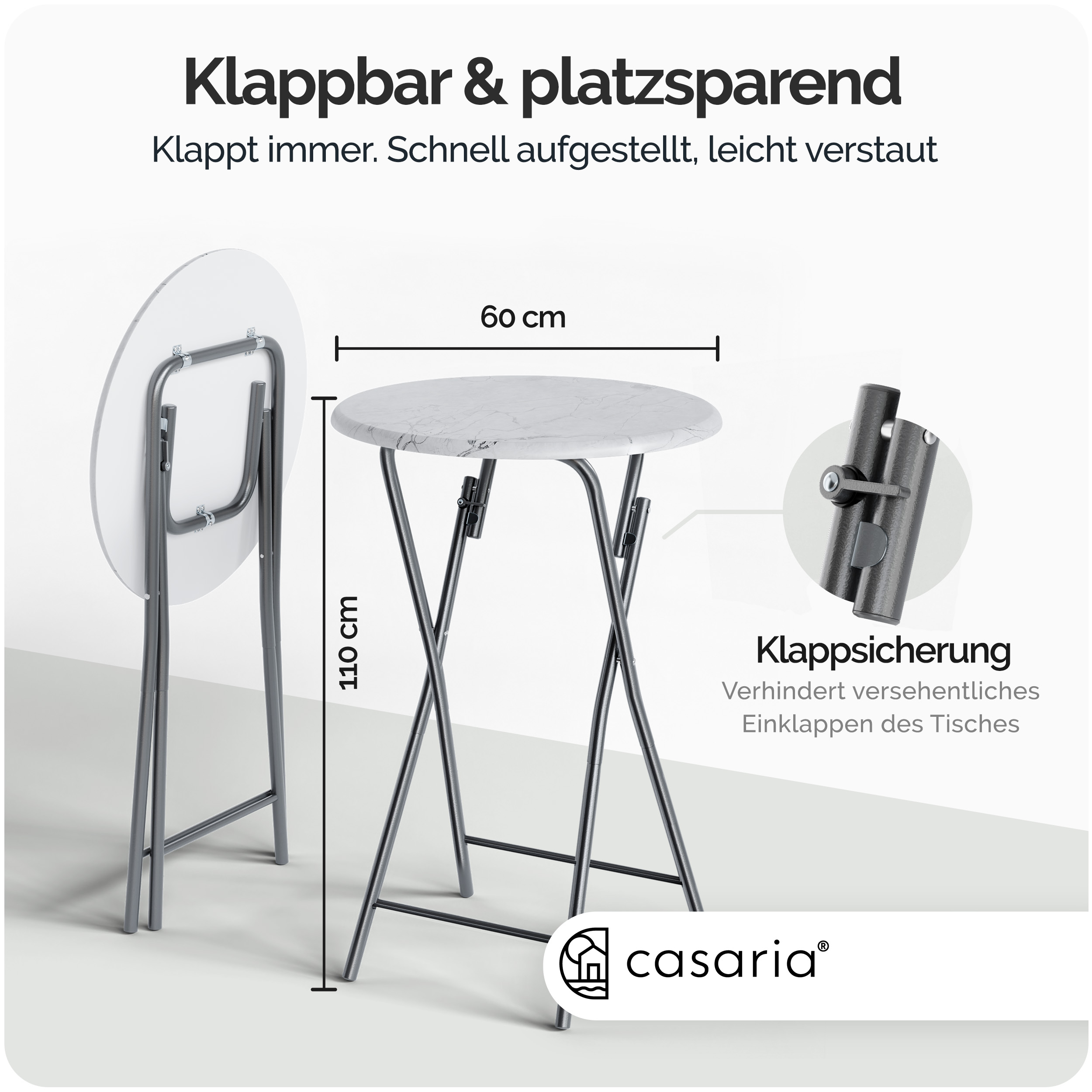 Stehtisch klappbar Ø60cm Marmoroptik Weiß 110cm Höhe
