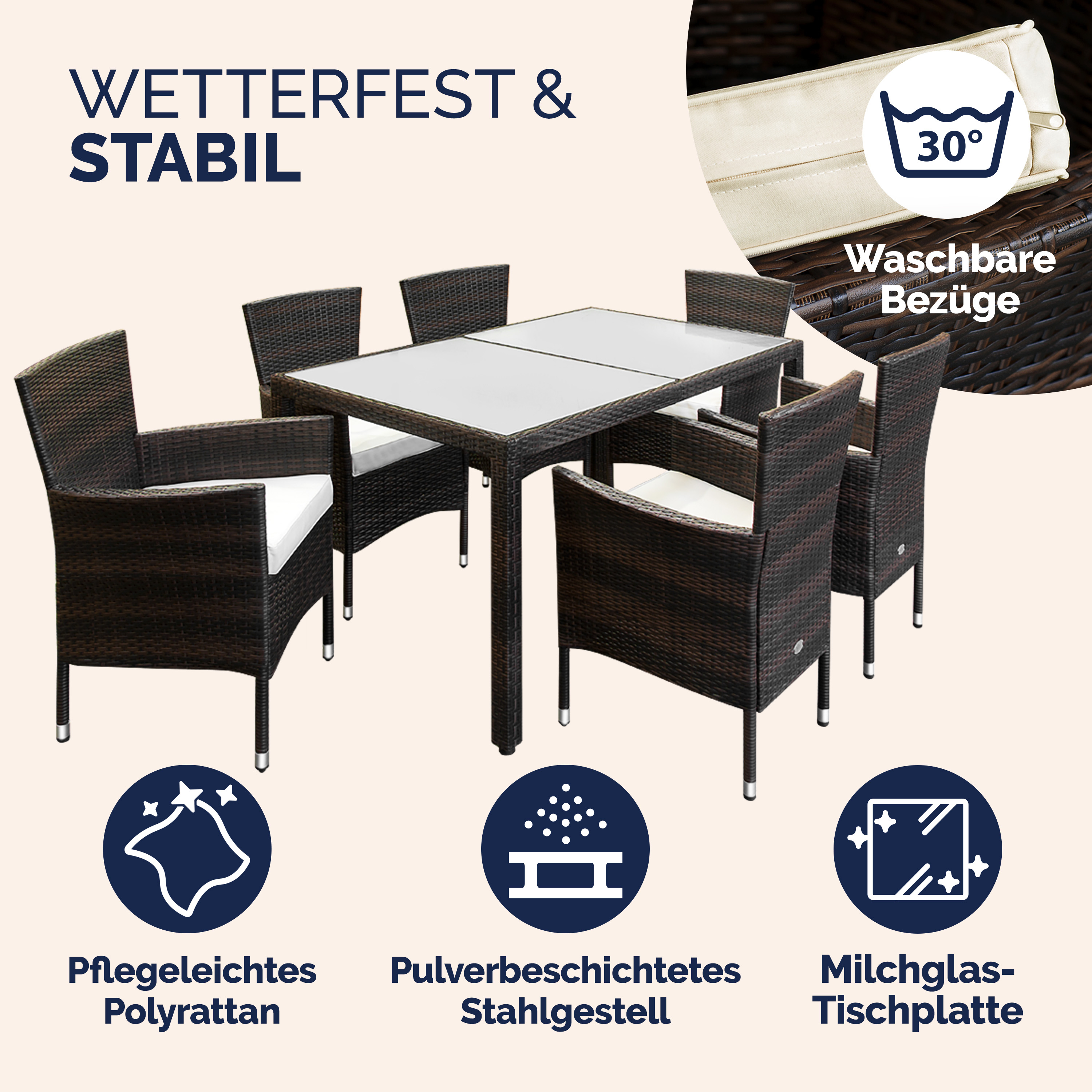Polyrattan Garten-Sitzgruppe Bali 7-tlg Braun/Creme